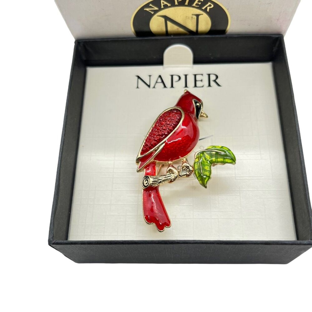Napier Red Cardinal Bird on Branch Pin Brooch Xmas NEW Gift Box Gold Tone Enamel